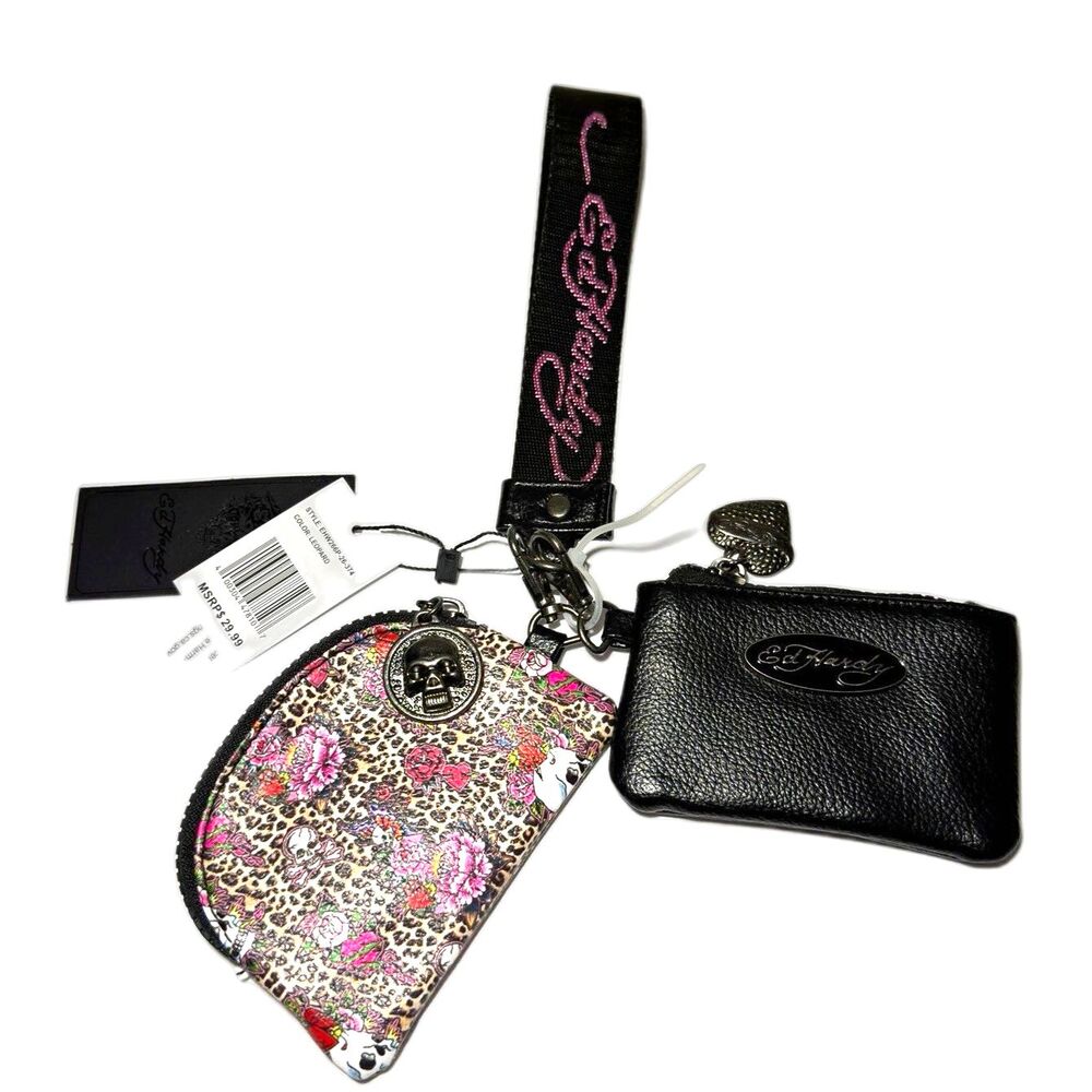 Ed Hardy Y2K Leopard Floral Skull Wristlet Keychain Pouch Wallet Mini Bags NWT